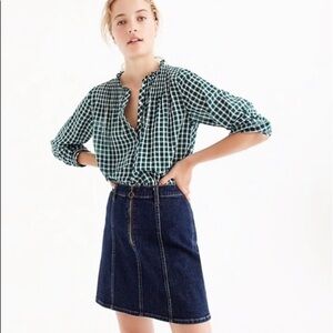 J Crew Green Plaid Popover Top with Smocked Ruffle
